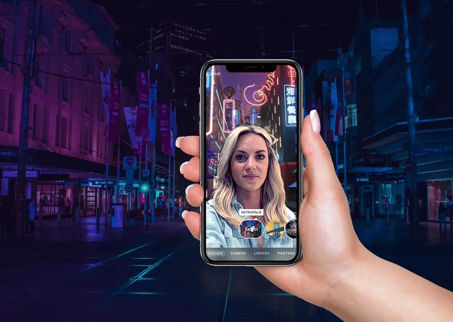 AR filter running on a phone held up in a neon-lit street