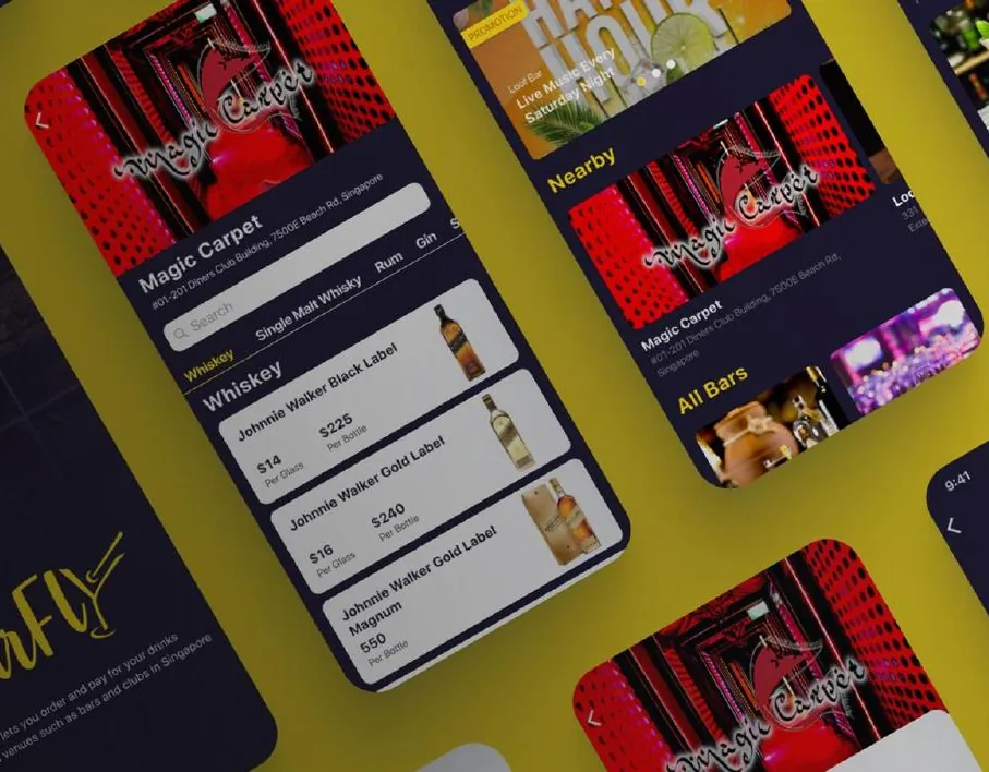 Barfly food and drink ordering app screens